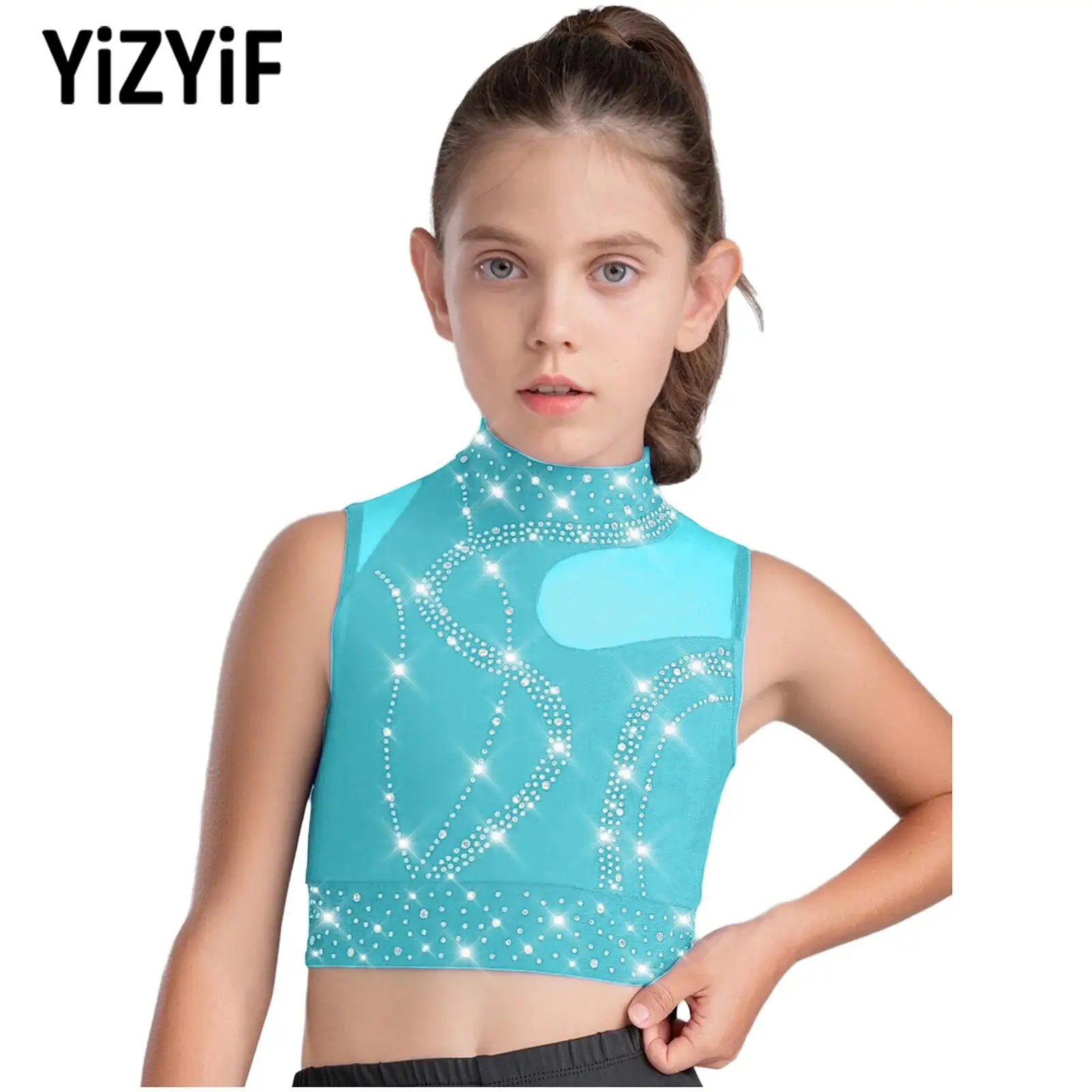 

Child Gymnastics Ballet Dance Tops Girls Rhinestones Figure Skating Performance Costume Sleeveless Sheer Mesh Crop Top Dancewear