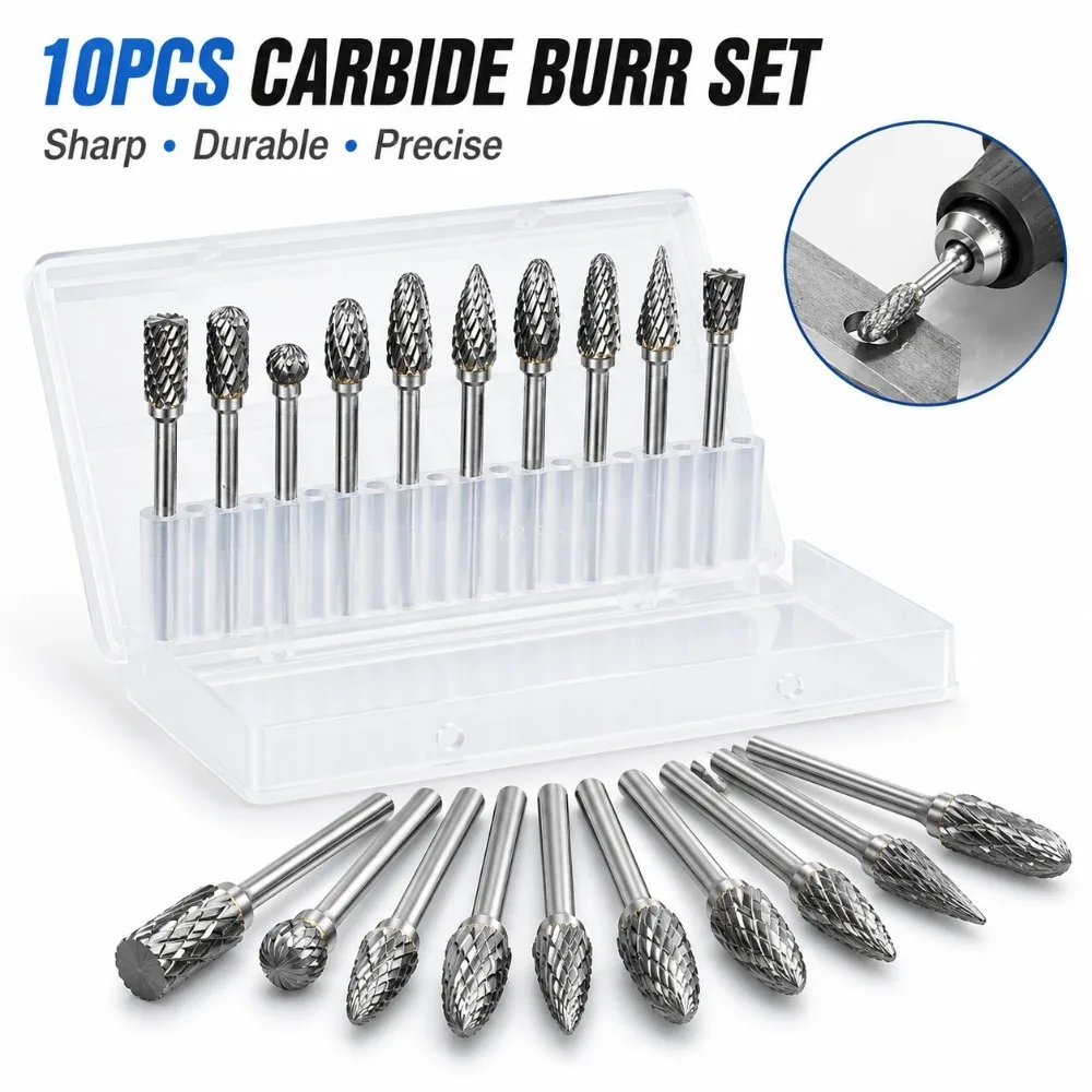 

Double Cut Carbide Burr Set 10Pcs 3mm Shank Die Grinder Bits for Dremel Rotary Tool Metal Carving Electric Grinding Use