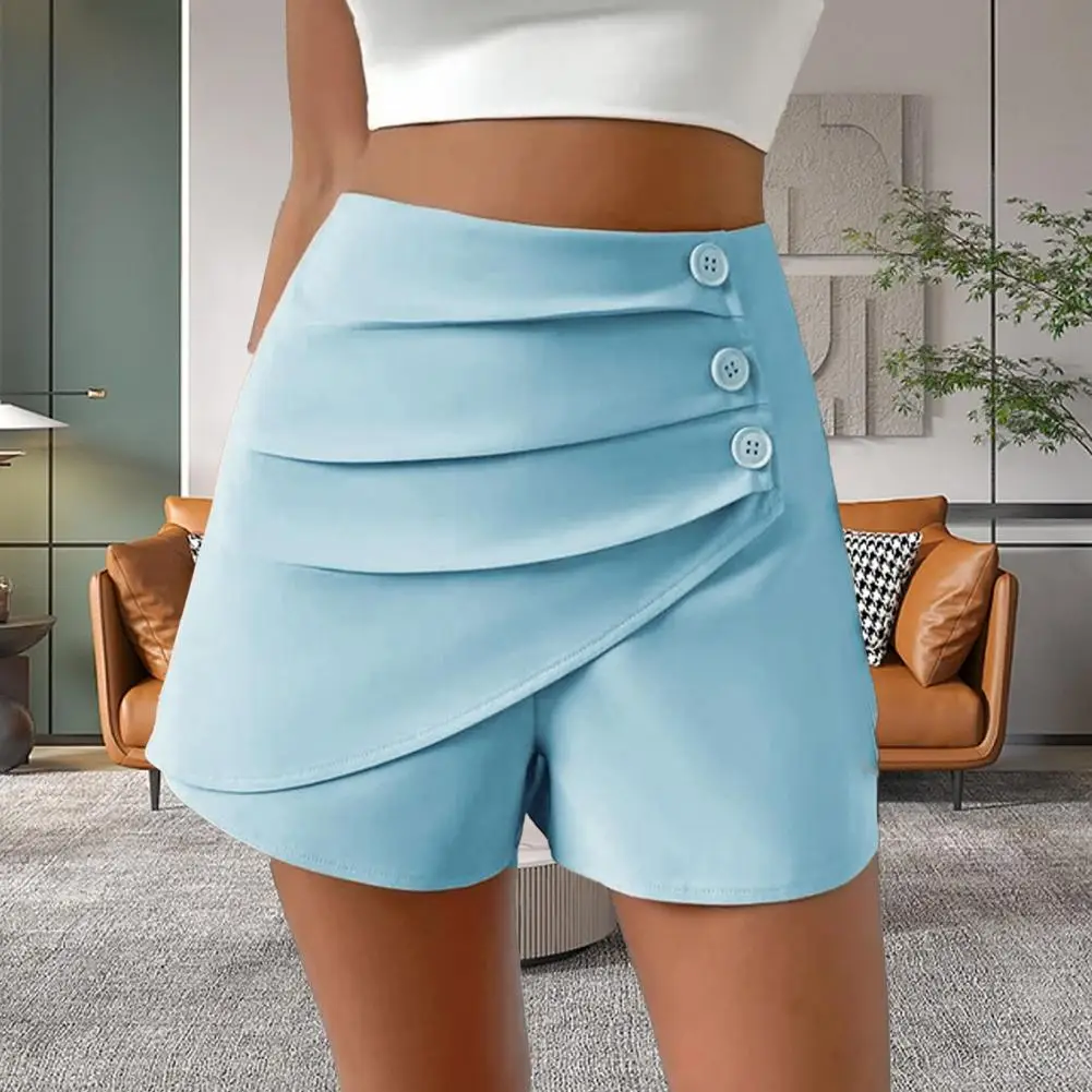 Women Mini Shorts High Waist Asymmetric Pleated Button Casual Shorts Slim Fit Soft Tummy Control High Rise Summer Suit Shorts