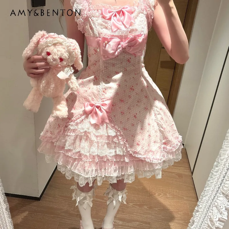 ชุดเดรสสไตล์โลลิต้าลายดอกไม้หวานๆ แบบ JSK สำหรับผู้หญิง ชุดเดรสเจ้าหญิงน่ารักสำหรับงานวันเกิด พร้อมโบว์น่ารัก ทรงเข้ารูป ผ้าตาข่ายพองๆ
