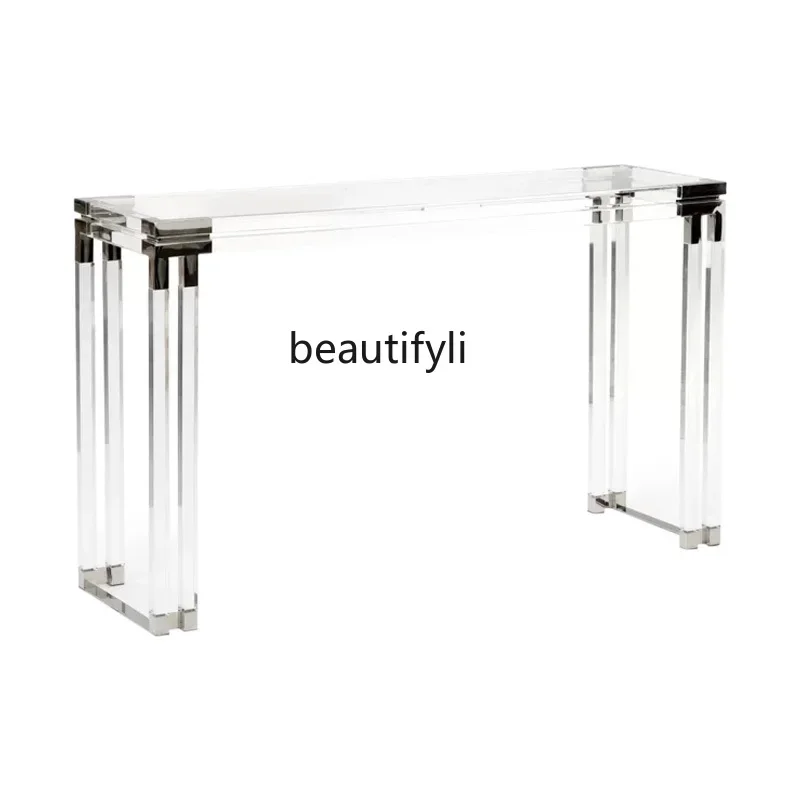 007 Modern simple transparent tempered glass entrance table stainless steel foyer acrylic entrance platform