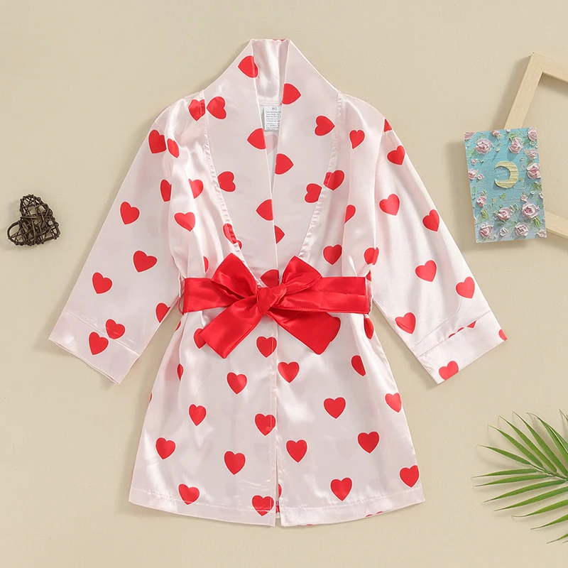 

Toddler Girl 2 Piece Pajama Set Short Sleeve Floral Print Satin Kimono Robe Polka Dot Belt Baby Sleepwear Outfits