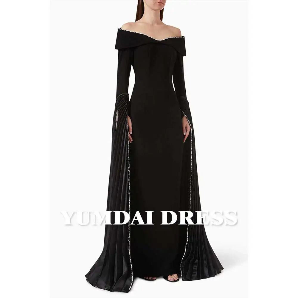 YUMDAI Luxury Dubai Black One Shoulder Rhinestone Formal Evening Dress 2024 Elegant Women Special Occasion Cape Sleeve Dress