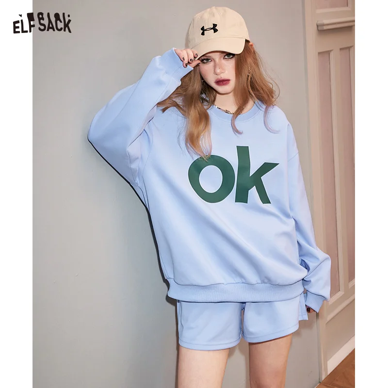 ELFSACK Loose fitting hoodie set for women in spring 2024, new slimming and fashionable casual sports two-piece set