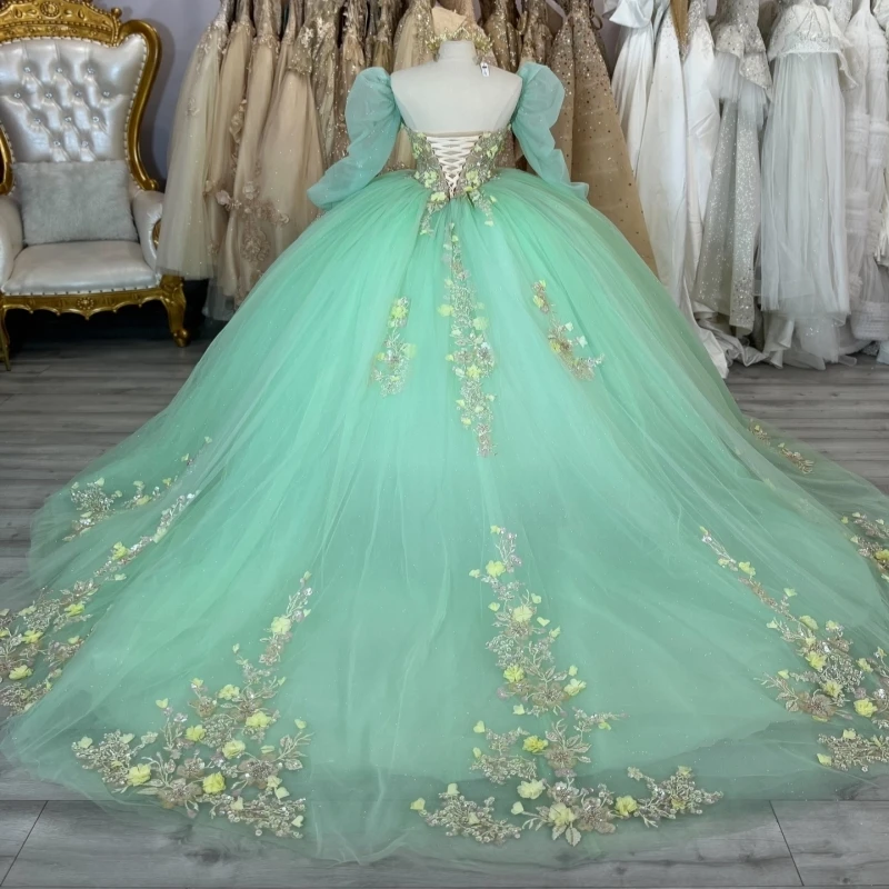 فساتين Quinceanera باللون الأخضر اللامع قبالة الكتف زين زهرة الخرز حفلة عيد ميلاد الحلو 16 فستان Vestidos 15 De