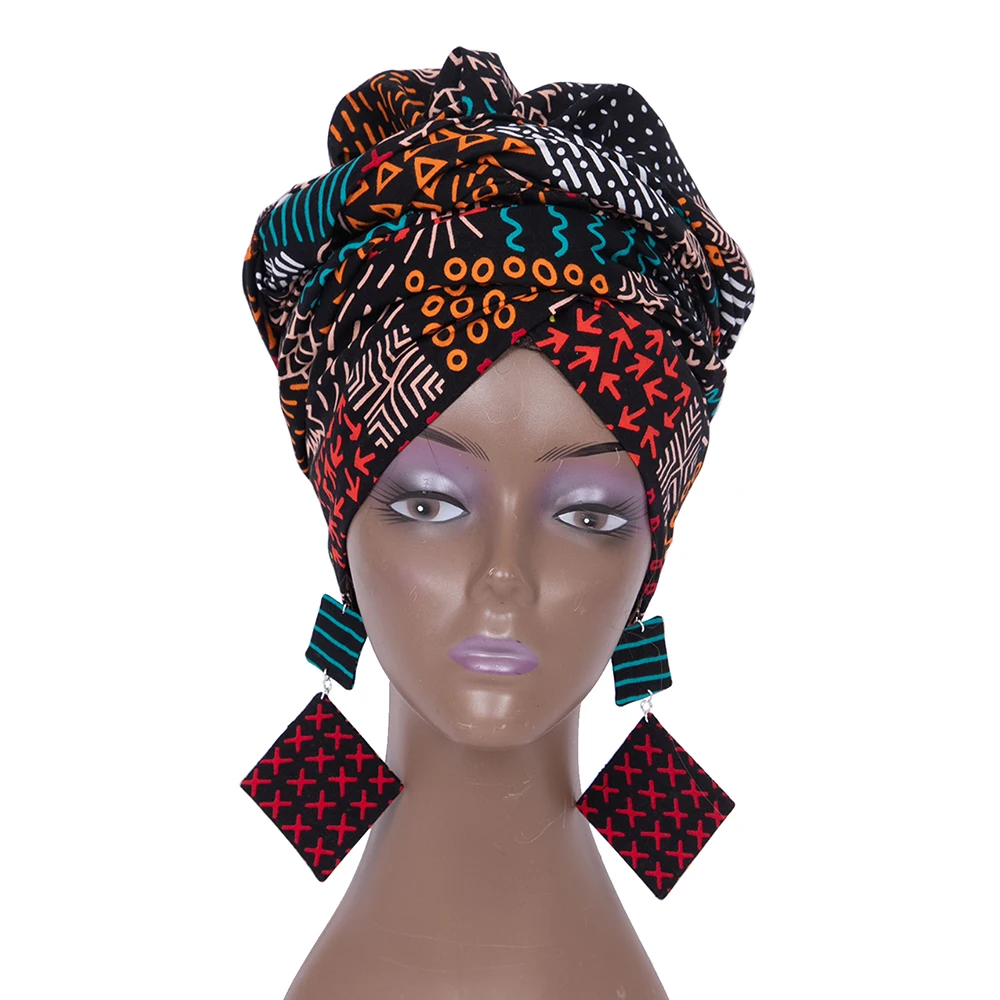 African Headtie Print Headwrap Ankara Wax Fabric 100% Pure Cotton Headwraps Kente Scarves and Earrings 2 Pieces WYB880