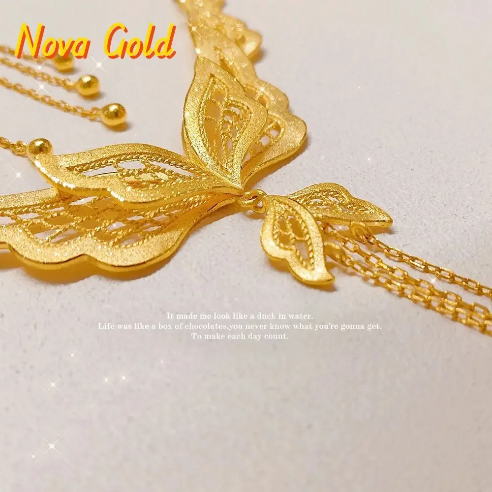 NovaGlod Butterfly Love Necklace 9999 24K Real Gold Niche Fashion Exquisite Hollow Retro Fashion Versatile Versatile Necklace Wo