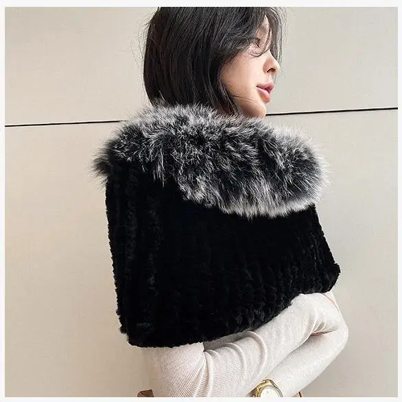 Winter Warm Knitted Real Rex Rabbit Fur Wraps Women Female Fluffy Muffler Scarf Natural Fur Poncho Shawls Party Cape