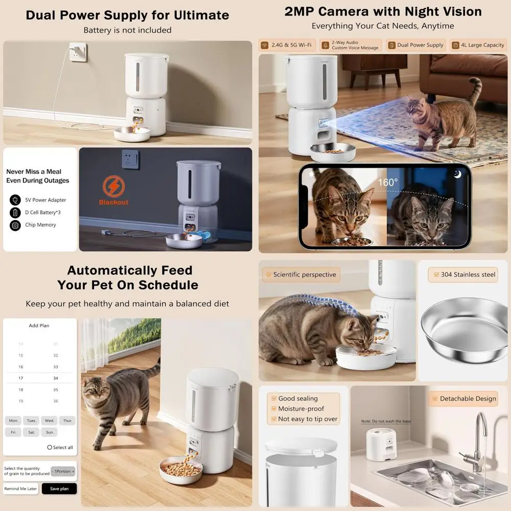 وحدة تغذية الحيوانات الأليفة الأوتوماتيكية الذكية بسعة 4 لتر، طاقة مزدوجة، رؤية ليلية بدقة 2 ميجابكسل، صوت ثنائي الاتجاه للقطط والكلاب الصغيرة، أبيض