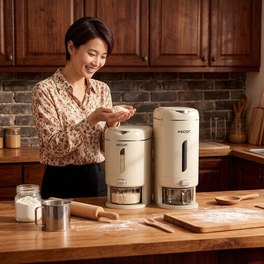 

Rice container with a measuring cup, upgraded version with built-in freshness box, grain dispenser storage box with a lid, suita