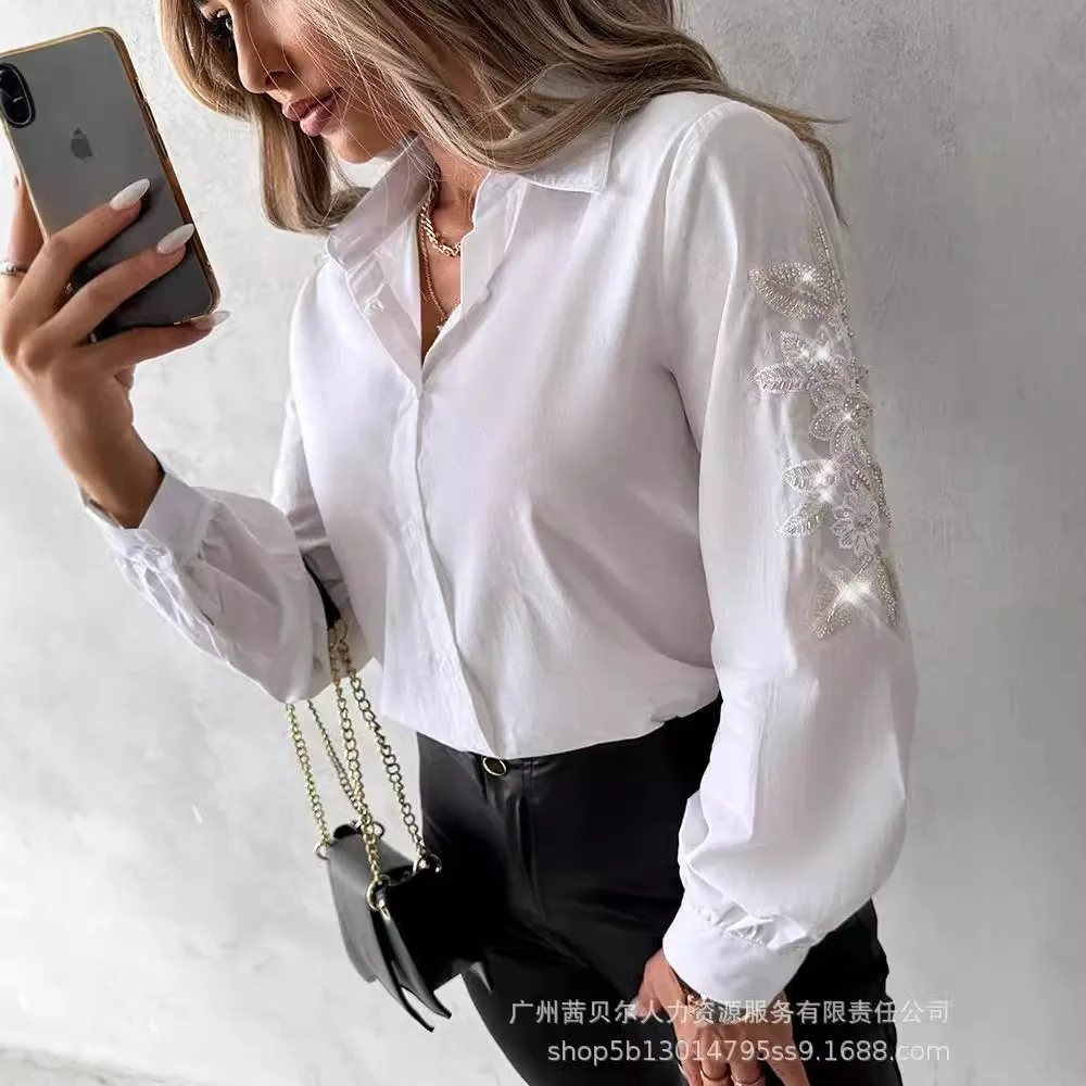 

Mandylandy Women's Elegants Shirt Tops Long Sleeve Embroidered Decorative Top Shirt Office Lady Elegant White Shirt Tops