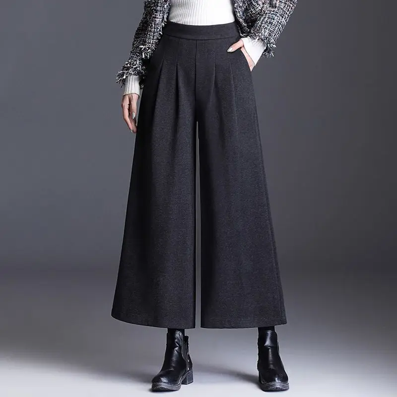 4XL Large Size Women Wool Pants Autumn Winter Elastic High Waist Blend Wide-leg Pants 2026 New Casual Ankle-Length Pants