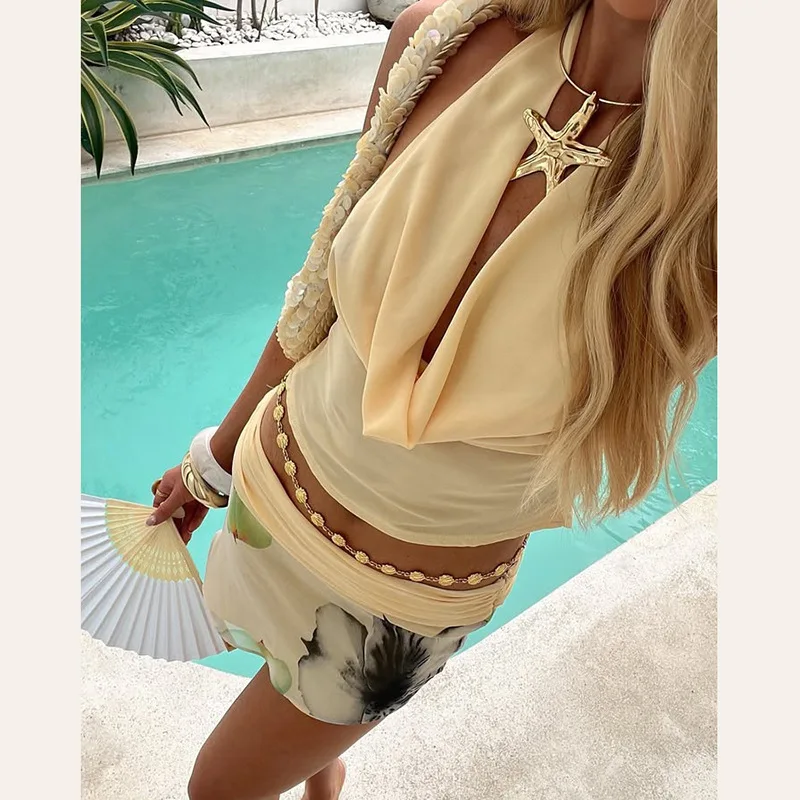 

Sexy Swing Collar Tops 2 Piece Skirt Dress Set 2025 Summer Women Elegant Pleated Dress Two Piece Swimsuit Set Beach Wear Outfit
