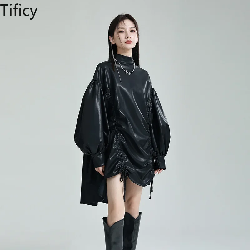 

TIFICY High Street Women's Irregular Drawstring Stand Up Collar Cape Dress PU Leather Lantern Sleeve Puffy Casual Loose Dress