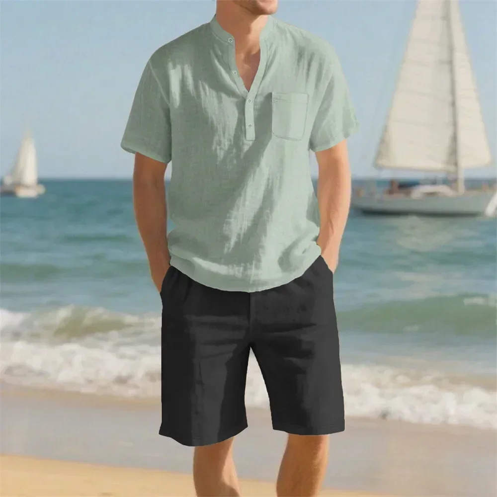 Conjuntos de verano para hombre, camiseta de playa para vacaciones, pantalones cortos, traje de algodón y lino, traje informal transpirable de estilo básico, ropa acogedora