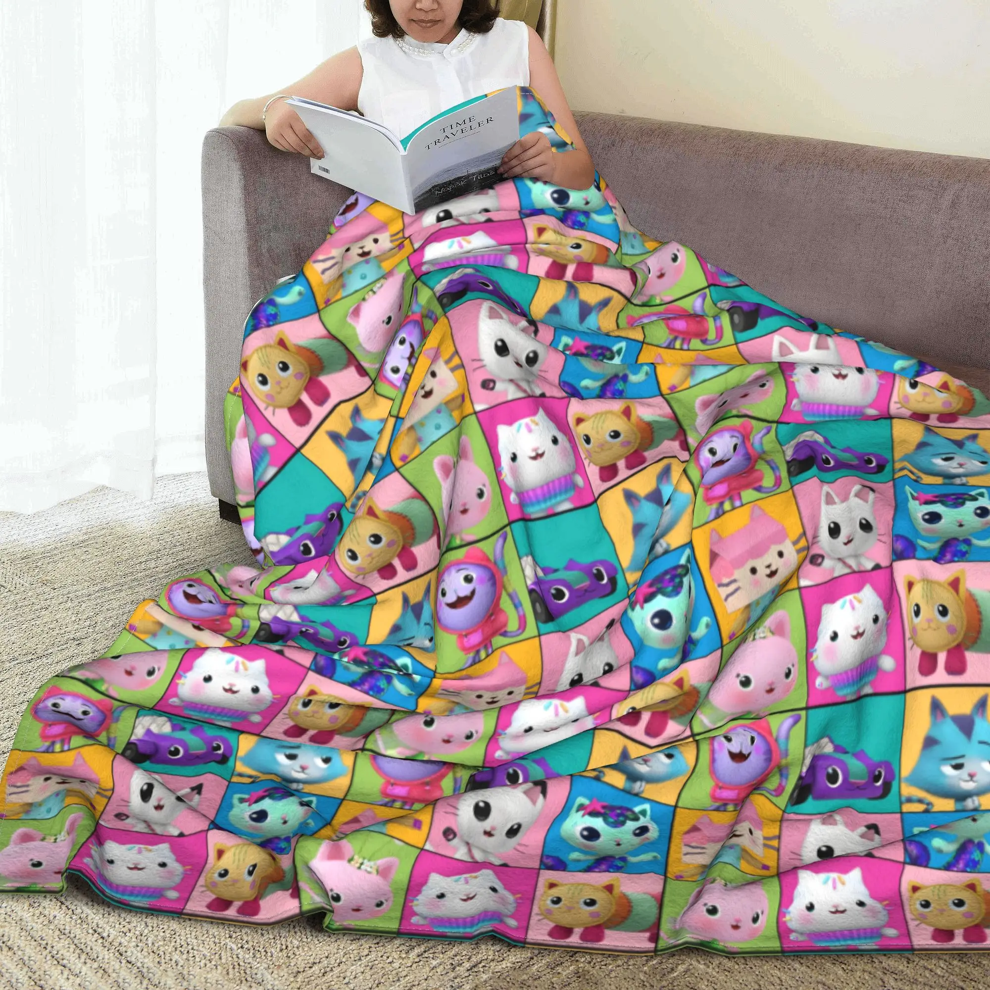 Cartoon Cat Cute Gabbys Dollhouse Blankets Fleece Print  Multi-function Lightweight Thin Throw Blankets for Bed Office Quilt