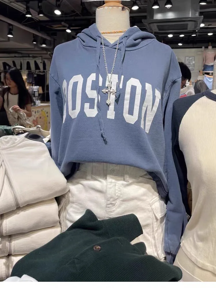 Casual Women Long Sleeve Letter Printing Sweatshirts 2023 Autumn Fashion Navy Hooded Tops Chic Female Loose Pullover