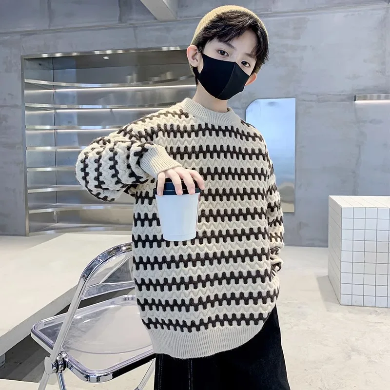 

Теплый вязаный свитер для детей, мальчиков и девочек, свободный пуловер с круглым вырезом, повседневный топ, зимняя одежда высокого качества, 2025