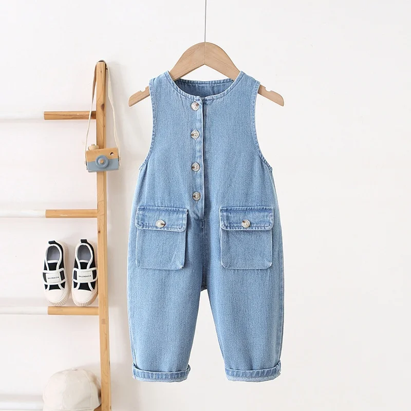 

Baby Denim Overalls For Boys Girls Korean Toddler Button Suspenders Pants Autumn Casual Kids Jumpsuit With Pocket 9-36M Trousers