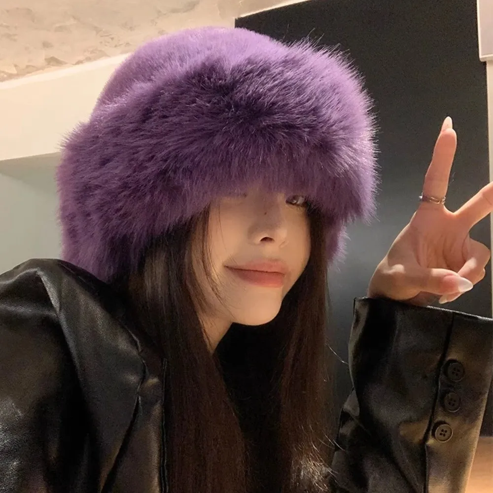 Fashion Headwear Fluffy Fur Winter Hat Plush Solid Color Bucket Hat Thicken Cold Windproof Berets for Women Girls Ski Cap1pc view 4