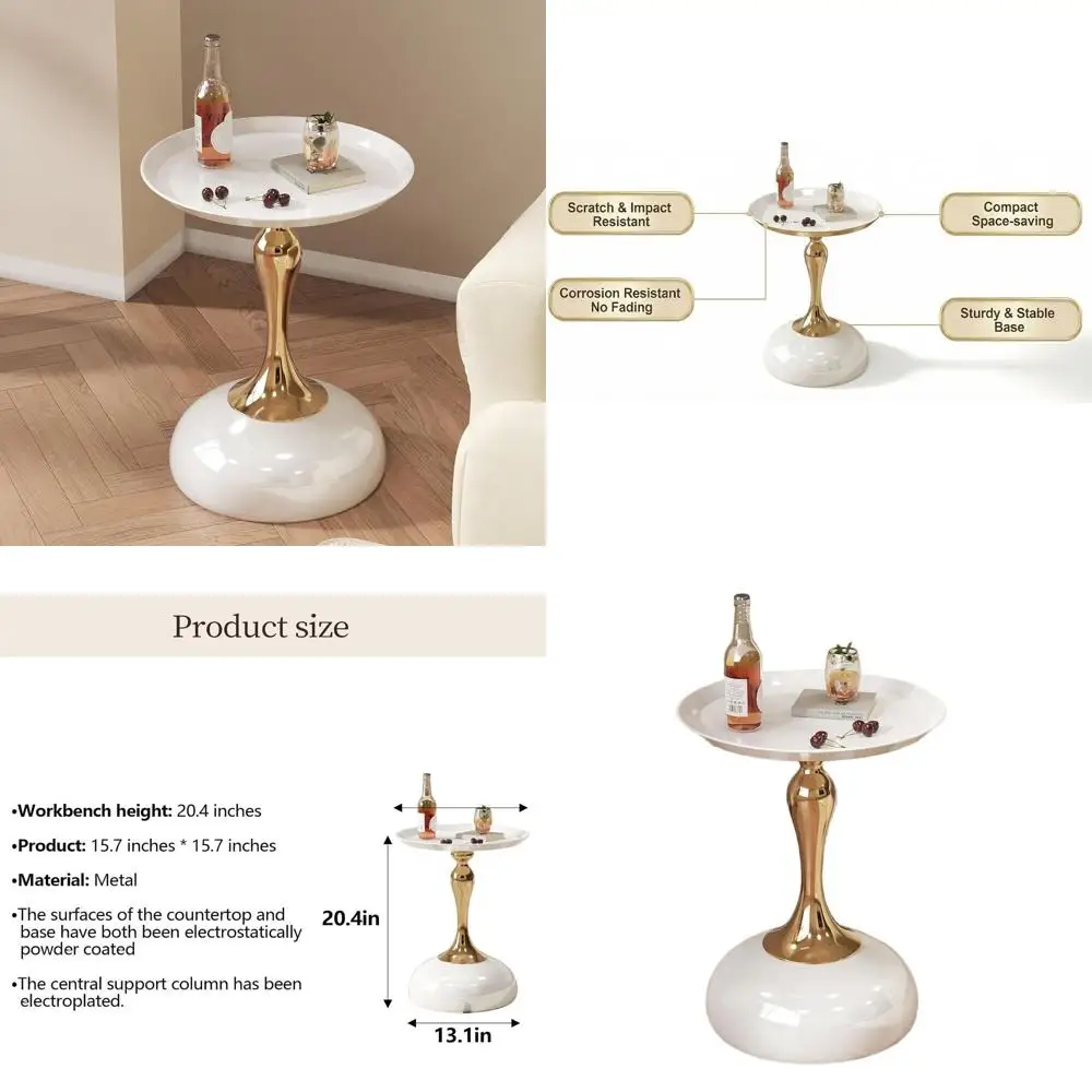 

Элегантный белый круглый приставной столик с золотой подставкой — идеально подходит для гостиной, спальни и офиса.