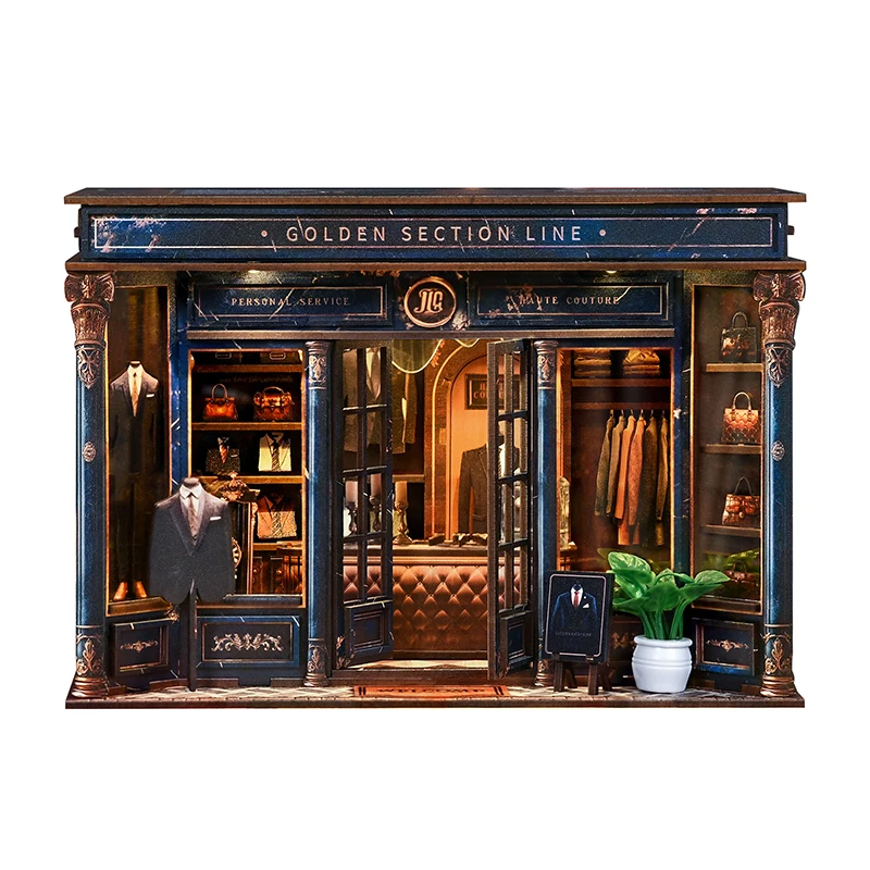 Kit de Montagem DIY para Estante de Livros em Miniatura com Tema de Loja de Roupas em Madeira, Modelo em Miniatura com Linha da Seção Dourada, Suporte para Livros, para Presentes de Aniversário de Amigos
