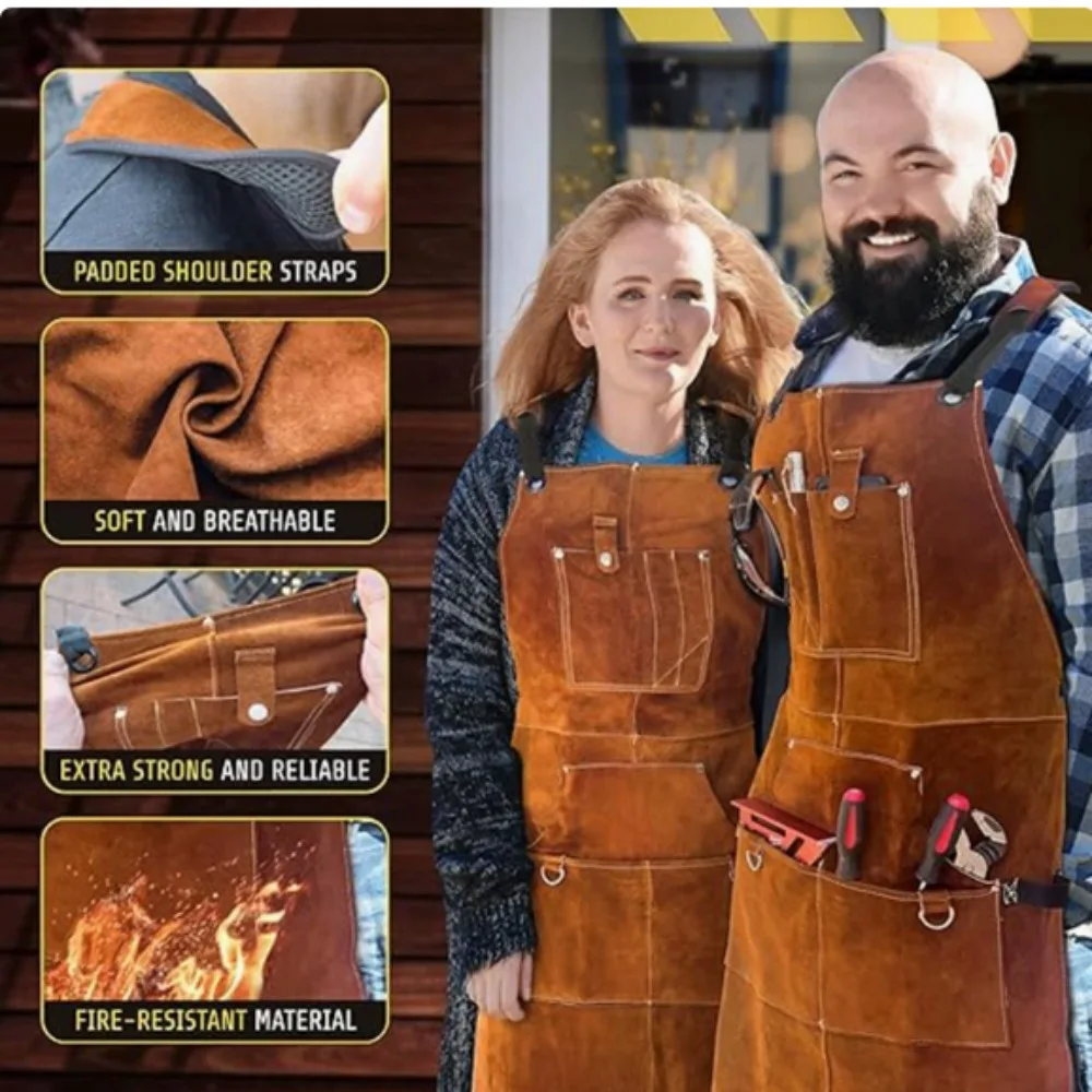 Leather Welding Apron With 6 Pockets Washable Heat Insulation Leather Welding Apron Soldering Protective Clothing