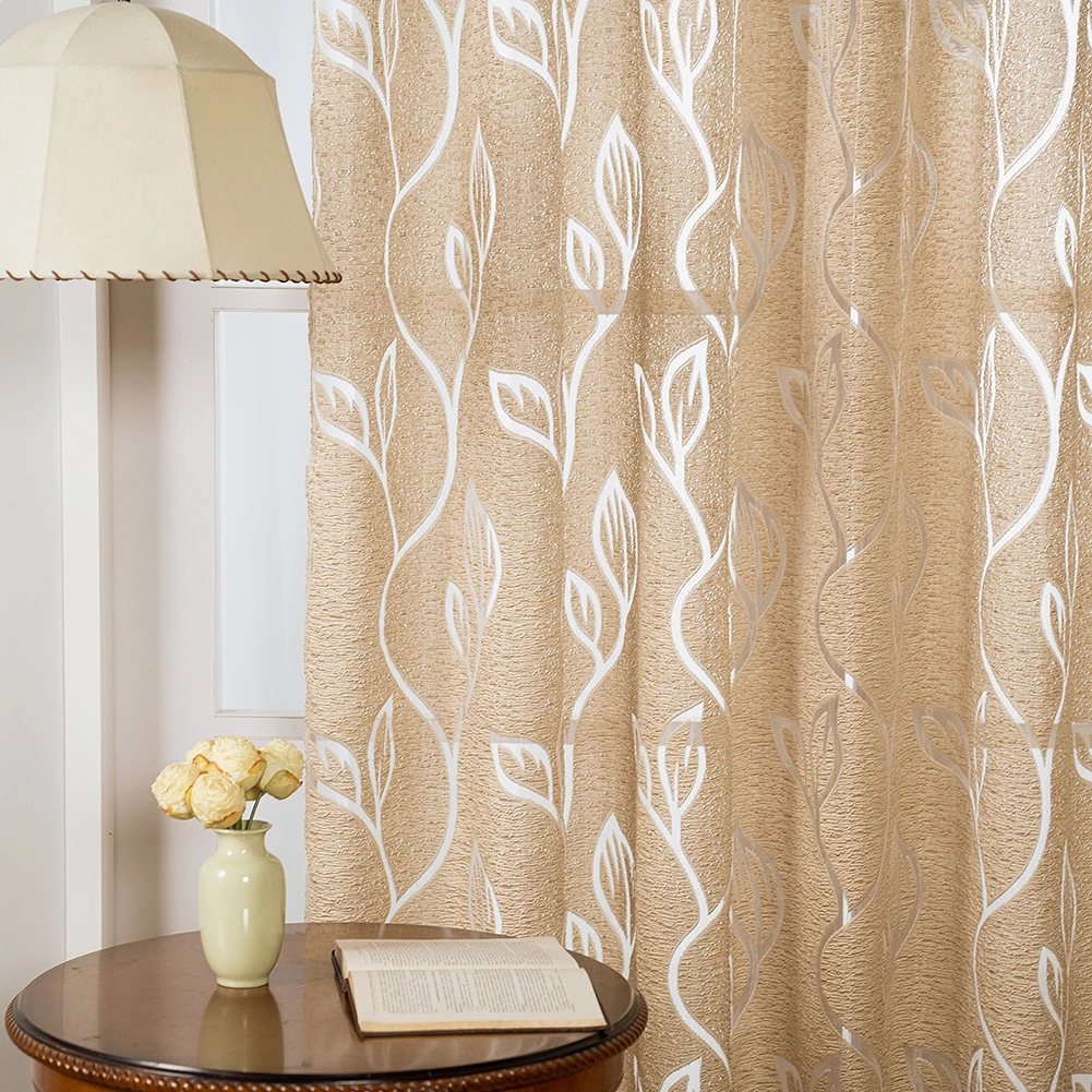 Europäische Jacquard-Vorhänge für Wohnzimmer, hohle Blattvorhänge, cremefarben, Vintage, durchsichtige Vorhänge, Heimdekoration, 1 Stück