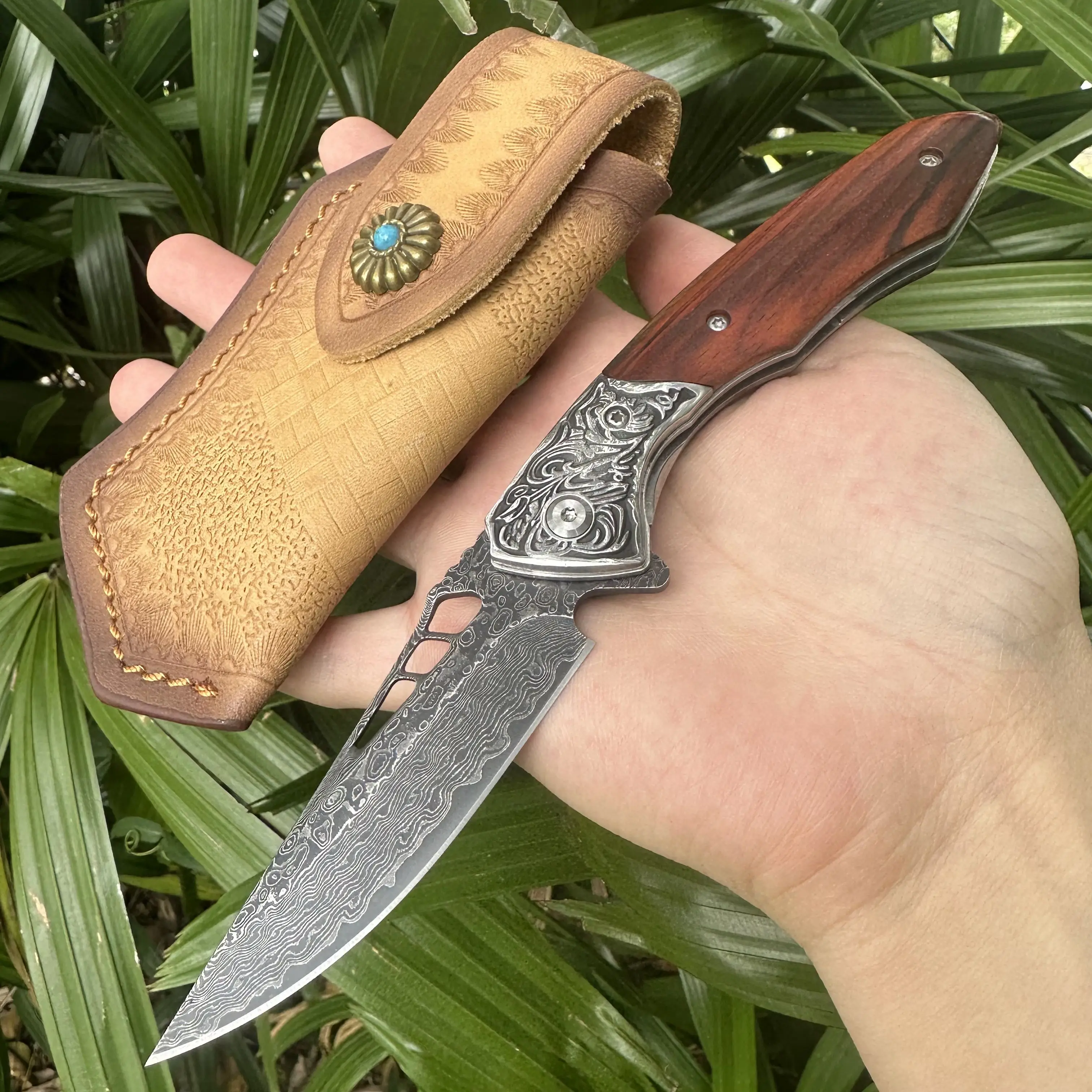 

Topwell ручной работы черный дамасский Vg10 карманный нож Cocobolo ручка крафт первый слой кожаный чехол мужской подарок уличный нож