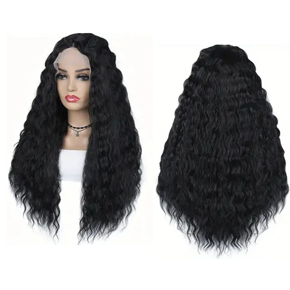 30 Inch Synthetic Curly Wig For Women Long Black Wave Wig Middle Part Scalp Lace Front  Natural Crimps Curls Wigs