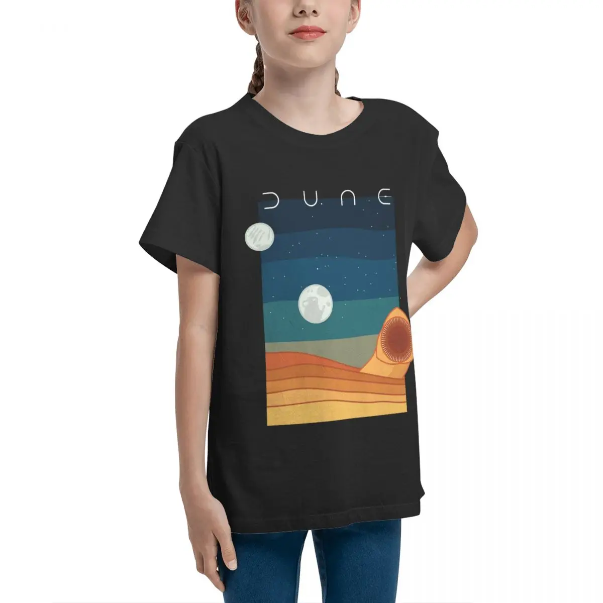 Teeanger Dune Sandworm And Moons Dark Backgrounds (Dune 20 Basic Short Sleeve T-Shirt Geek Crewneck Tees Novelty Vintage