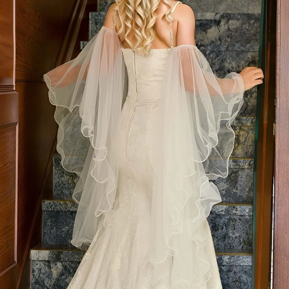 1 paire de manches artificielles en tissu mousseline, forme évasée, en maille transparente, design fluide, respirantes, douces, avec poignets détachables, pour tenue d'été