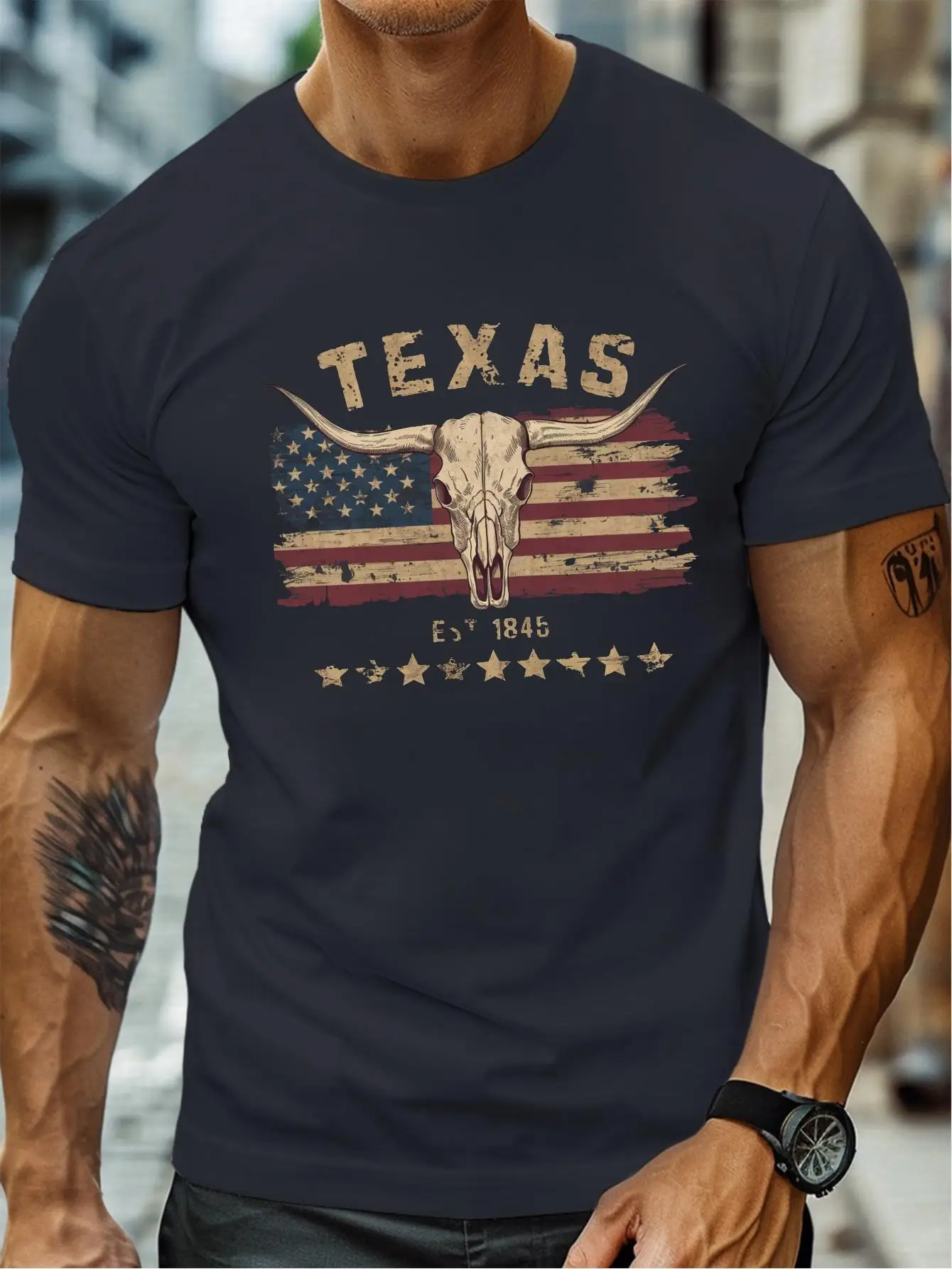 T-shirt à manches courtes et col rond pour hommes, ample et décontracté, à la mode, avec motif de crâne de vache Texas longhorn imprimé, été