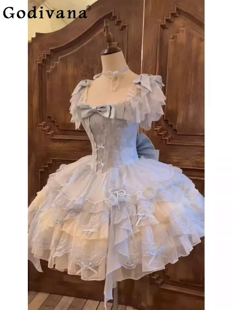 Blue Ballet Exquisite Embroidery Lolita Bow Princess Dress Girl Sweet Ruffles Elegant Square Neck High Waist A-line Cake Dresses