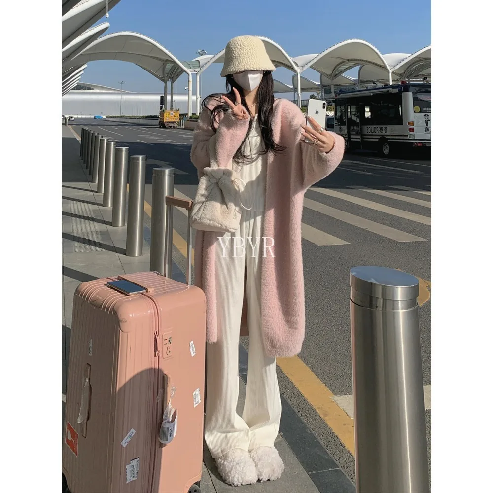 Mid-length Sweater Overcoat for Women Vintage Knitted Cardigan Solid Color Oversized Outwear Soft Tops Loose Long Sleeves