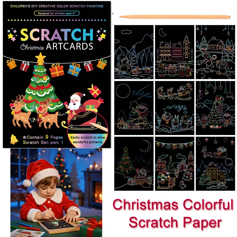 9Pcs/set Magic Rainbow Color Scratch Art Painting Paper Card Kit Cartoon Animal Drawing Board Drawing Toys DIY Educational Toy