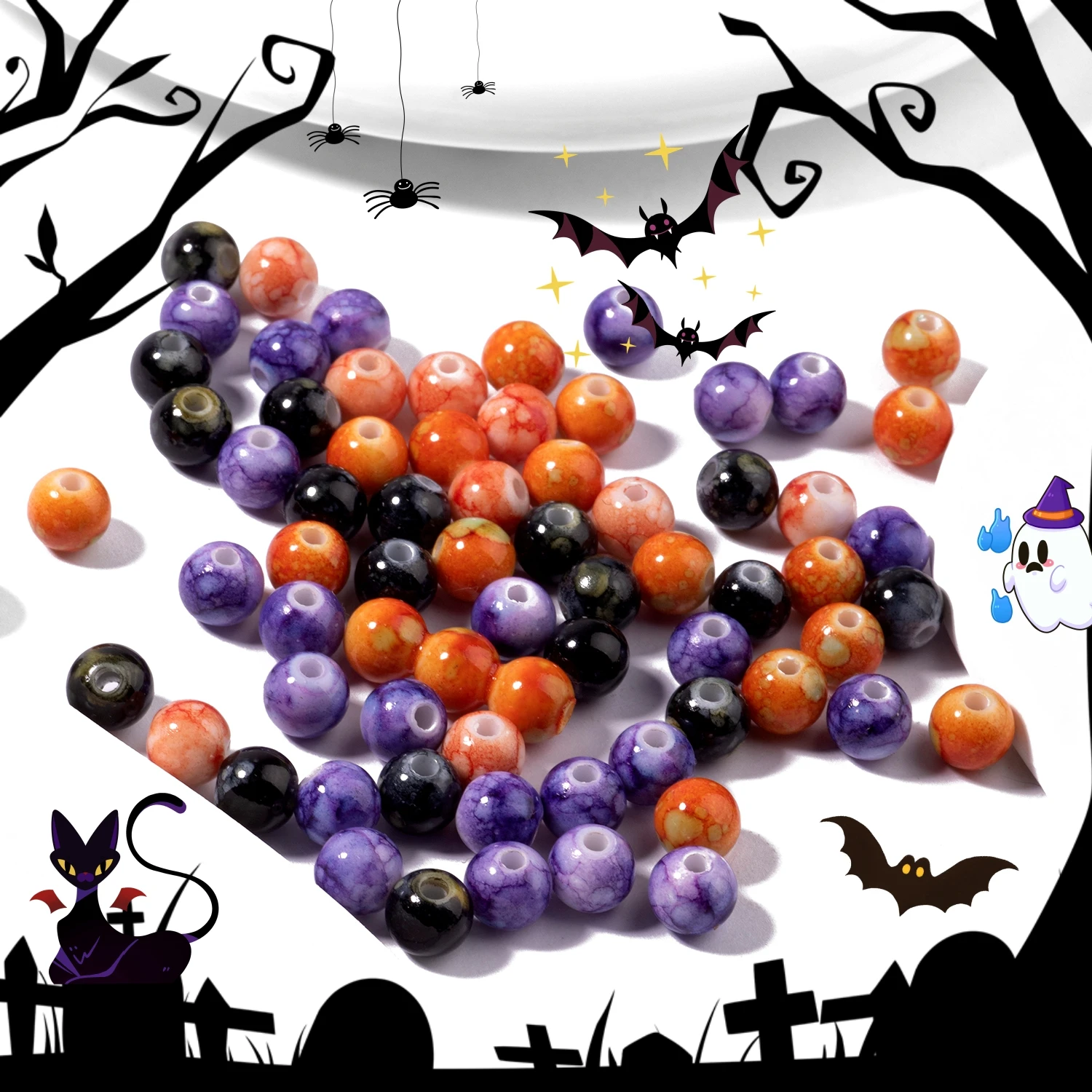 100pcs 8mm Cracked Pattern Halloween Color Scheme Acrylic Beads for DIY Holiday Home Decorations Friendship Charms Bracelet Gift
