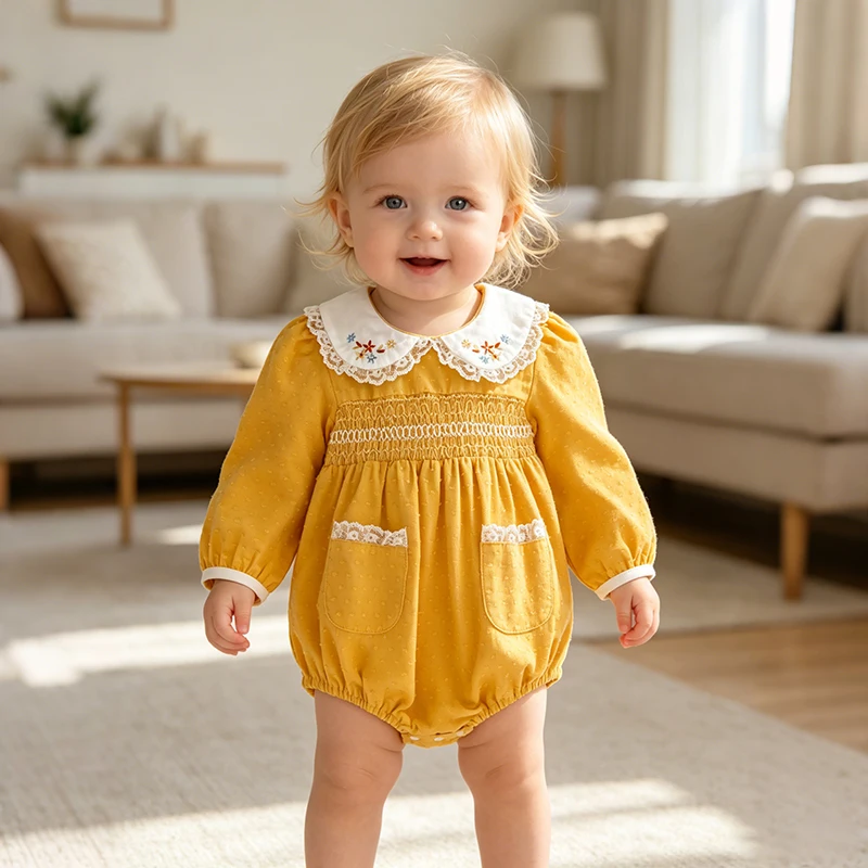 2026 Neu 0-24M Frühling Kleinkind Mädchen Gelber Strampler Langarm Baumwolle Bestickter Kragen Baby Mädchen Overall Kinderkleidung