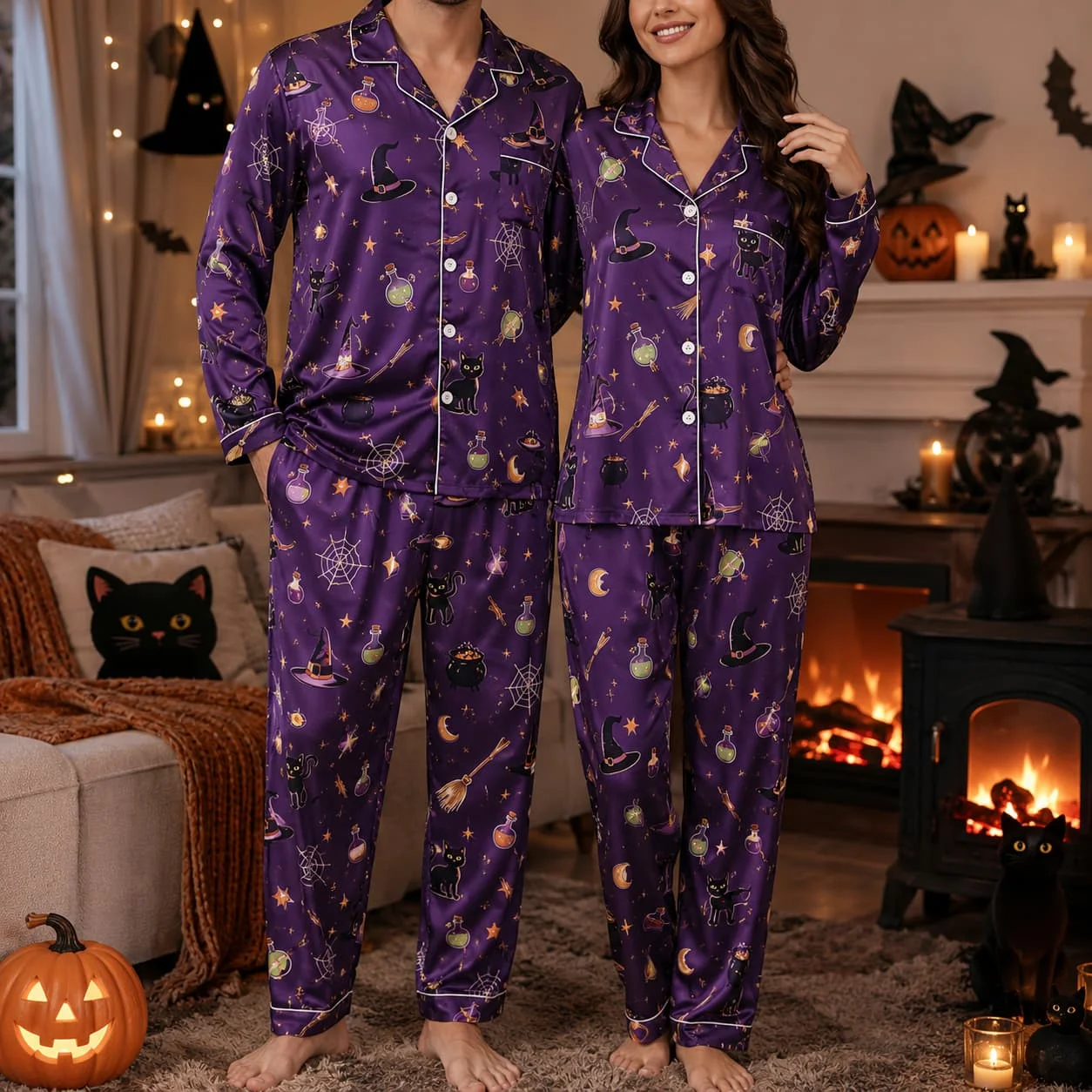 Halloween Witch Cat Potion Set Ice Silk Long Sleeve Long Pants Mens Pajama Set Womens Sleepwear Unisex Loungewear Home Clothing view 2