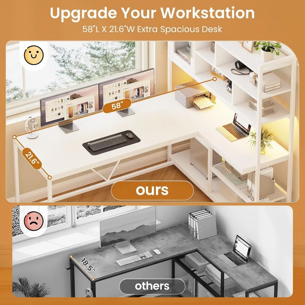 مكتب كمبيوتر على شكل حرف L، مكتب مكتب 58 بوصة مع ضوء LED ورف كتب، مكتب زاوية على شكل حرف L مع أرفف تخزين للمكتب المنزلي #5