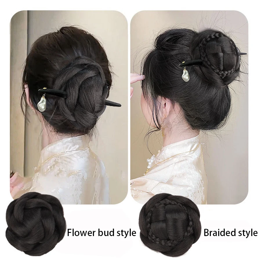 สังเคราะห์หัววิกผมดอกไม้ Bud ผม Hairpin Bun กลับหัว Pad ผมกระเป๋า Hanfu สไตล์โบราณ Cheongsam Bun วิกผม