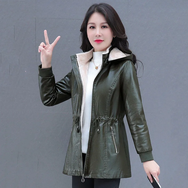2026 New Womens Hooded PU Leather Jacket Thick Fleece Lined Winter Warm Coat Drawstring Waist Zipper Pockets Casual Outerwear