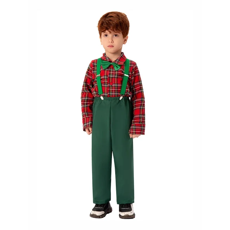 RT01 Boy Gentleman Outfit Christmas Plaid Print Button Long Sleeves Shirt Suspender Pants Set Formal Wear*Jk2