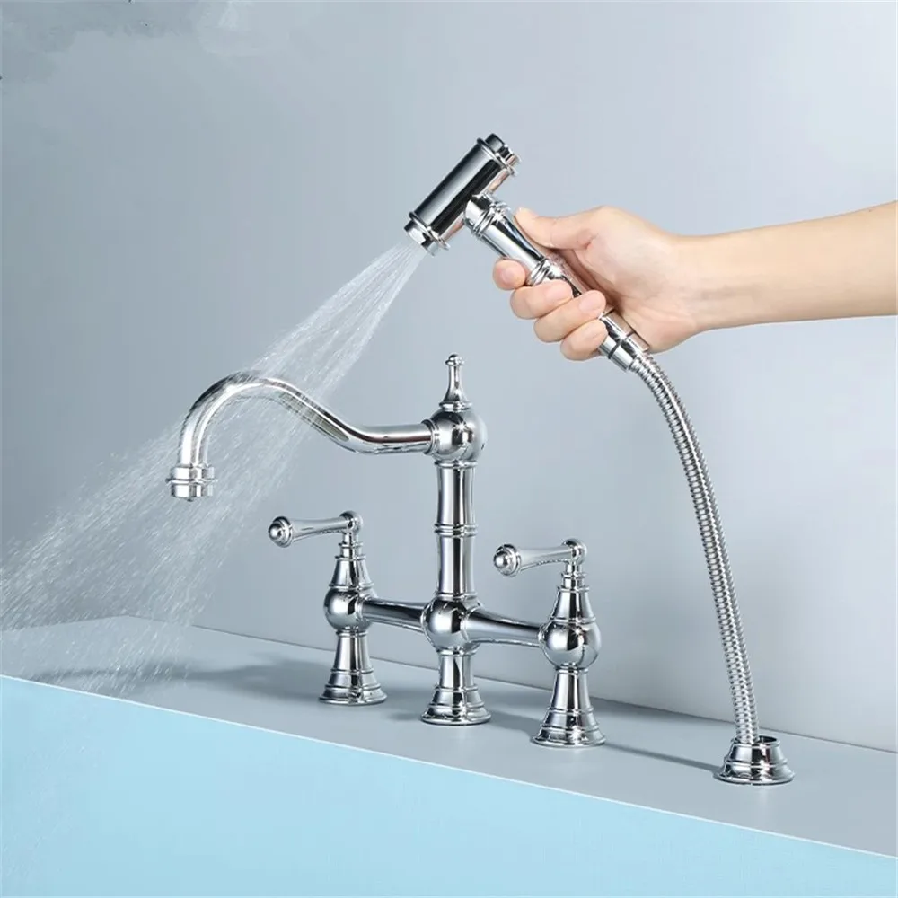 Brushed Gold Kitchen Faucet with Hand shower Head Black Pot Filler Tap Deck Mounted Hot Cold  Black Sink Tap Spout  Brass