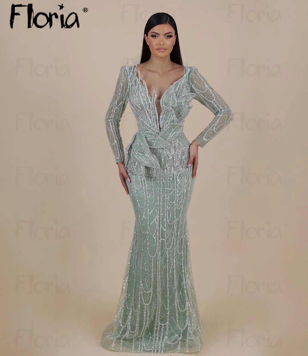 Floria Unique Design Mint Green Evening Dress Middle East Long Sleeve Mermaid Midi Long Party Gowns Bride Wedding Night Dresses