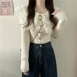 Women Autumn Winter Korean Simplicity Button Solid Color Turn-down Collar Women Clothes All-match Appear Thin Sweater Cardigan