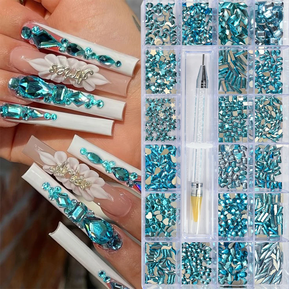 

1000Pcs/Box Lake Blue Multi Shapes 3D Flat Bottom Nail Rhinestones Crystal Nail Art Flatback Gems Charms for 3D Nail Decorations