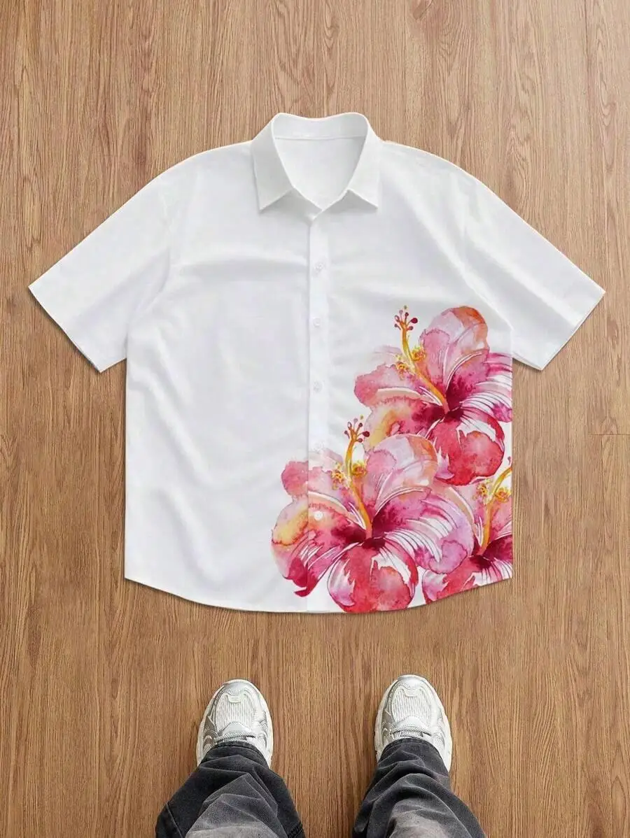 

Mens White Short Sleeve Hawaiian Shirt With Tropical Hibiscus Floral Print Casual Summer Top