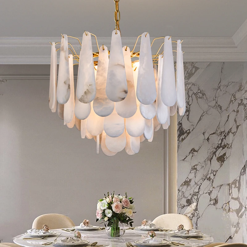 French Marble Pendant Light Modern Copper E14 LED Water Droplet Chandelier for Living Room Dining