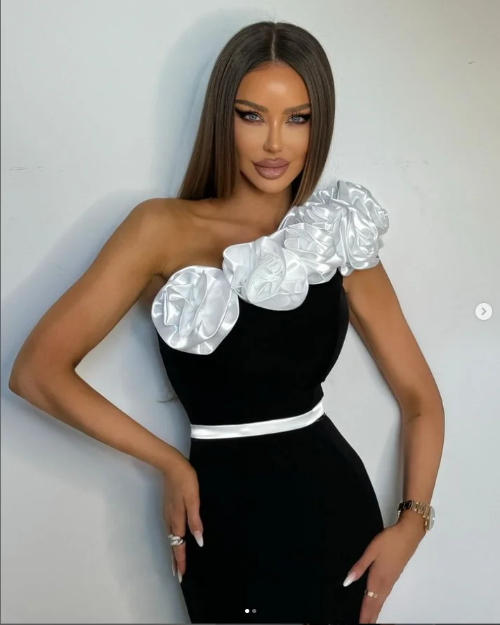 2024 Summer New Black Bandage Dress Women One Shoulder Appliques Split Long Evening Club Gowns Elegant Flowers Dresses Going Out